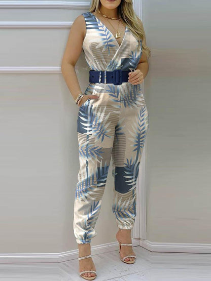 Tropical Print Sleeveless Pocket Design Backless Jumpsuit - LuckyFash™