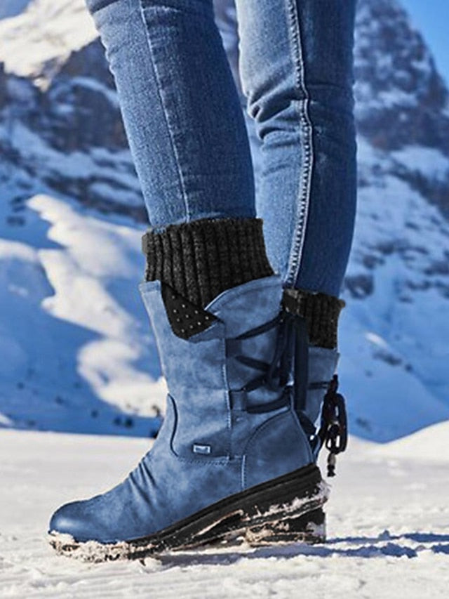 Women's Boots Snow Boots Outdoor Daily Mid Calf Boots Winter Lace-up Flat Heel Round Toe Casual Faux Leather Zipper Blue Purple Khaki - LuckyFash™