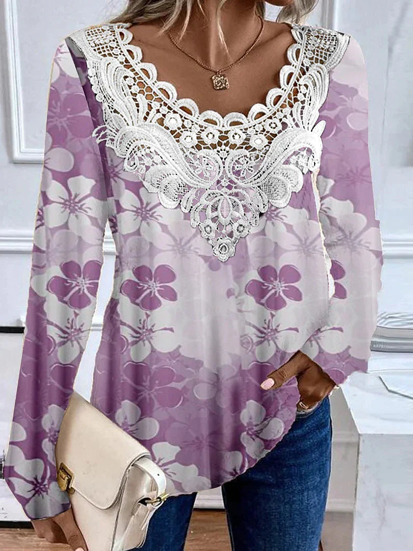 Women's Shirt Blouse Graphic Floral Black Light Green Pink Print Lace Patchwork Long Sleeve Casual Fashion Round Neck Regular Fit Spring &  Fall