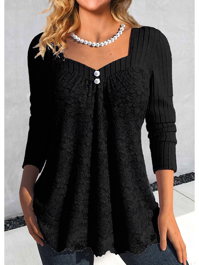 Women's Lace Shirt Shirt Blouse Ribbed Plain Black Pink Blue Lace Button Long Sleeve Casual Fashion V Neck Regular Fit Spring &  Fall