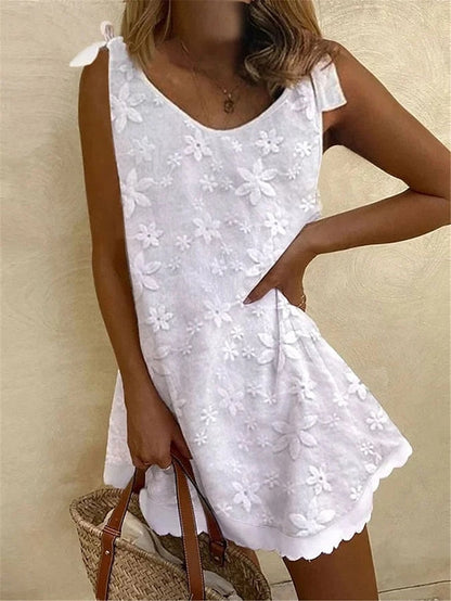 Women's Casual Dress White Dress Tank Dress Plain Lace Embroidered Crew Neck Mini Dress Active Streetwear Outdoor Holiday Sleeveless Loose Fit White Summer Spring S M L XL XXL - LuckyFash™