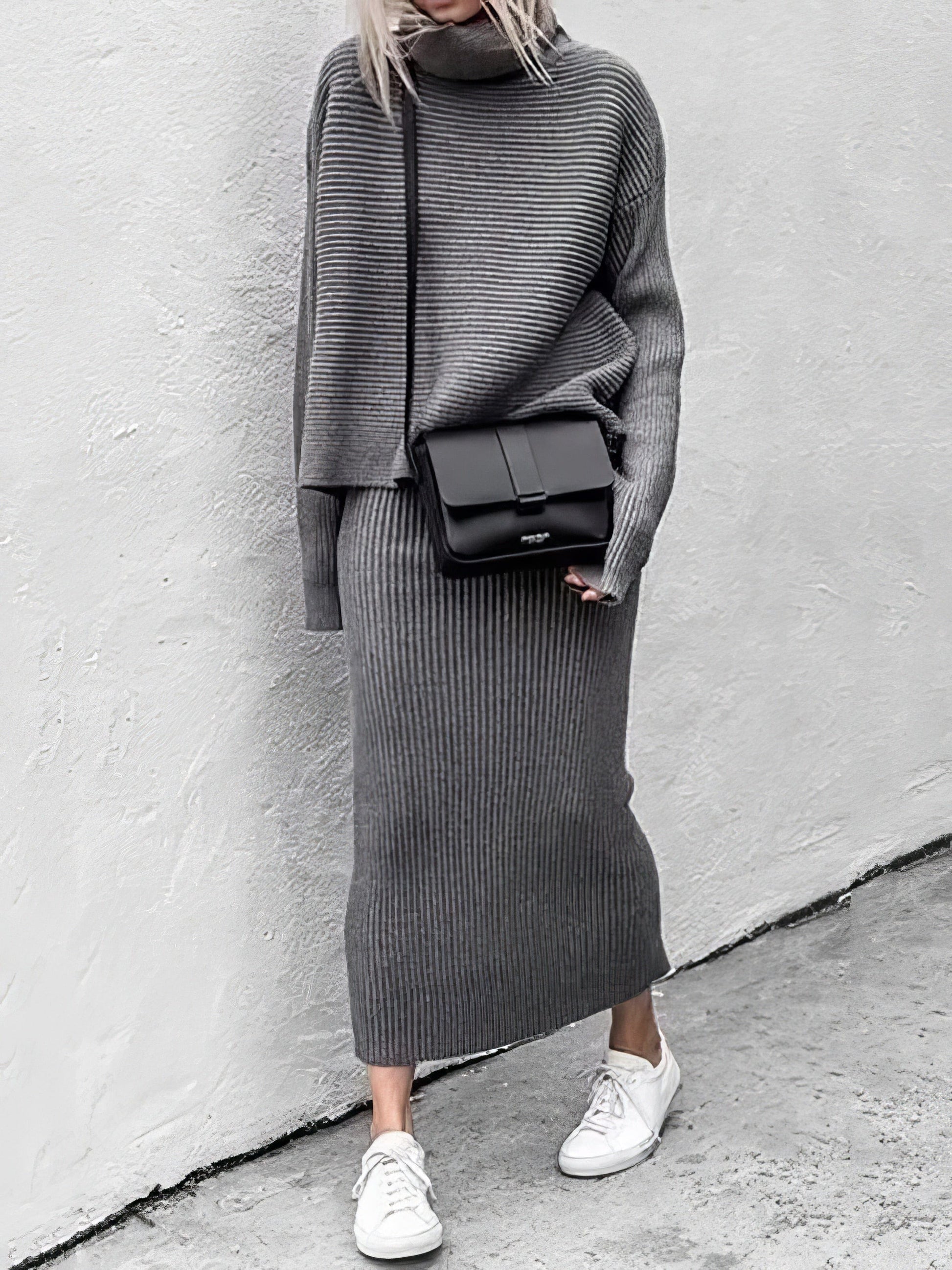 Turtleneck Long Sleeve Sweater & Knitted Skirt Two-Piece Suit