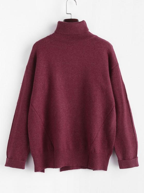 Turtleneck M-slit Drop Shoulder Cuffed Sleeve Sweater - LuckyFash™