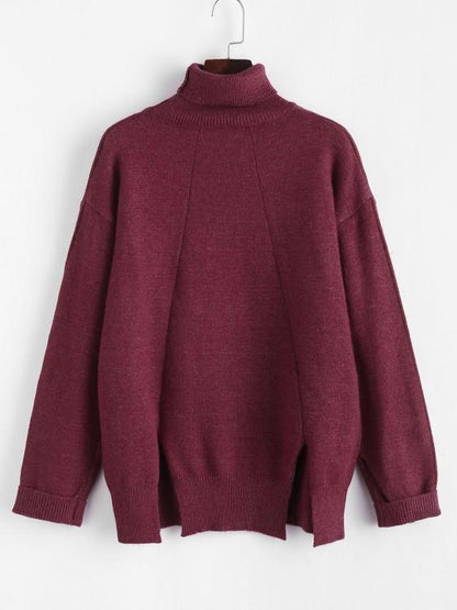 Turtleneck M-slit Drop Shoulder Cuffed Sleeve Sweater - LuckyFash™