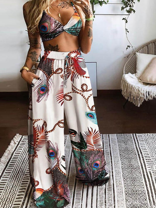 Twisted Front Peacock Print Crop Top & Drawstring Wide Leg Pants Set for Women