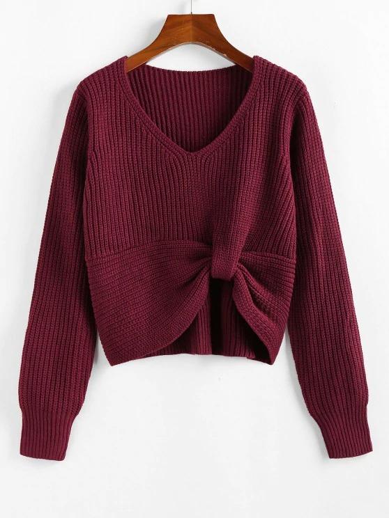 Twisted V Neck Jumper Sweater for Women