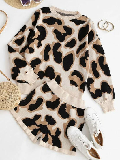 Two Piece Crew Neck Leopard Sweater Set for Women