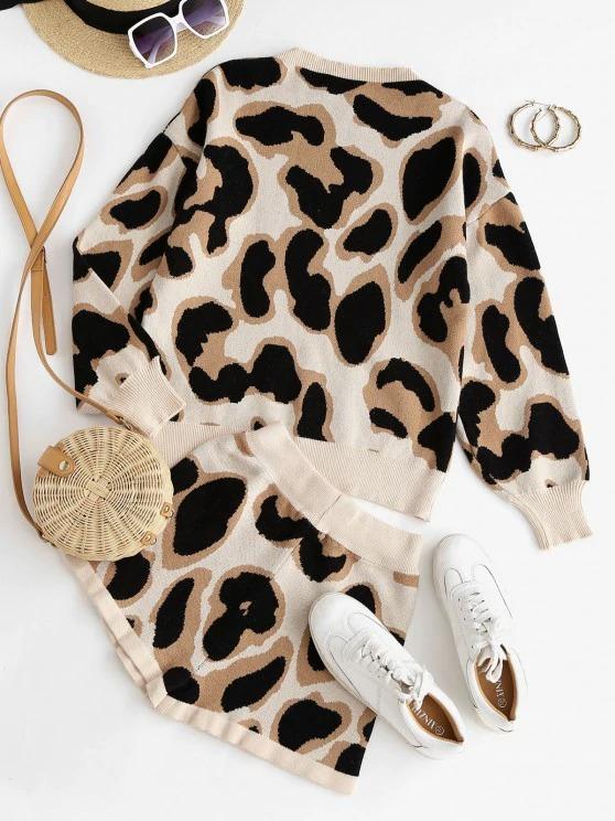 Two Piece Crew Neck Leopard Sweater Set - LuckyFash™