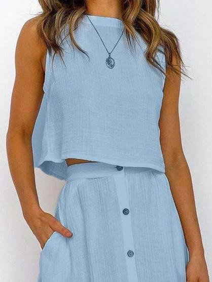 Two-Piece Solid Buttoned Tank Top & Skirt - LuckyFash™