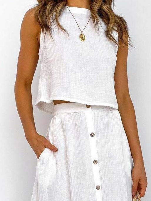 Two-Piece Solid Buttoned Tank Top & Skirt - LuckyFash™