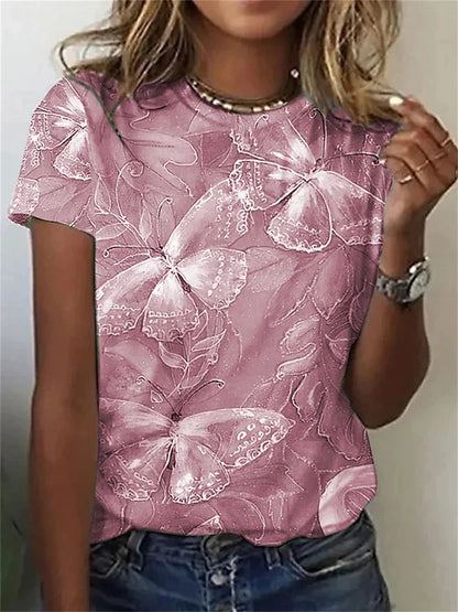 Women's T shirt Tee Butterfly Pink Blue Purple Print Short Sleeve Daily Weekend Elegant Fashion Basic Round Neck Regular Fit