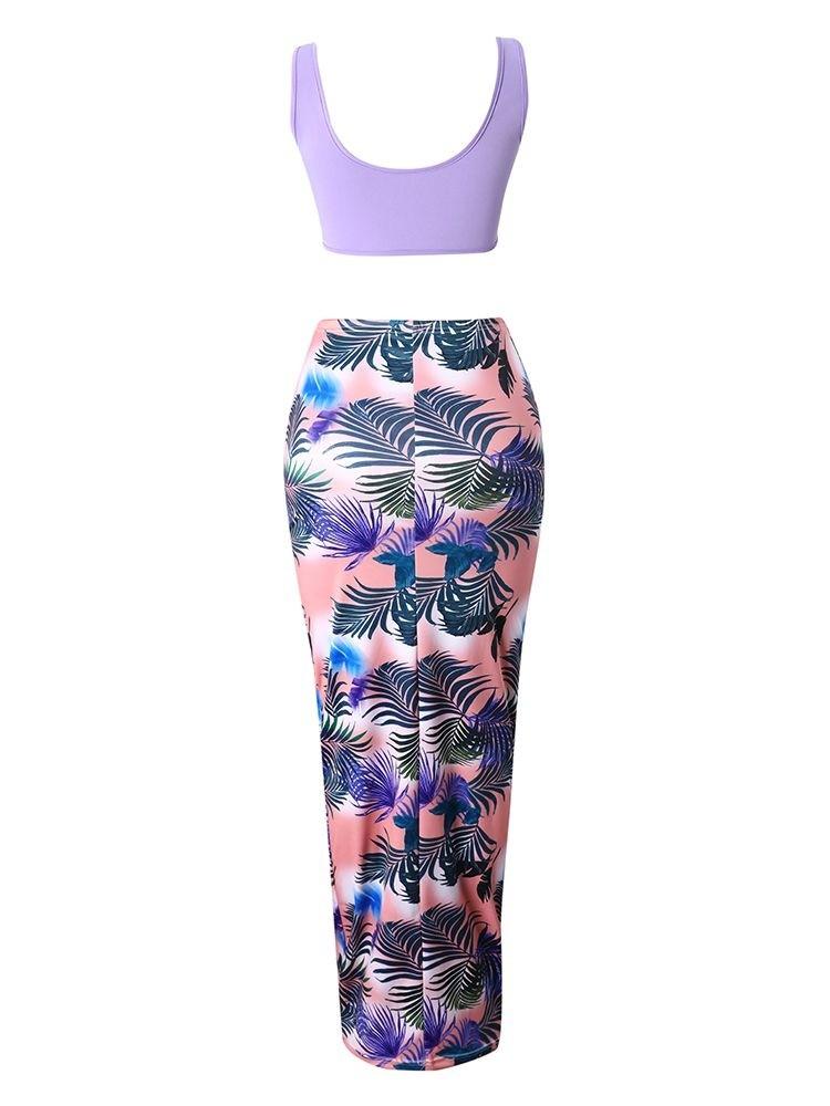 U-notch Tank Top And Ditsy Print Skirt Set - LuckyFash™