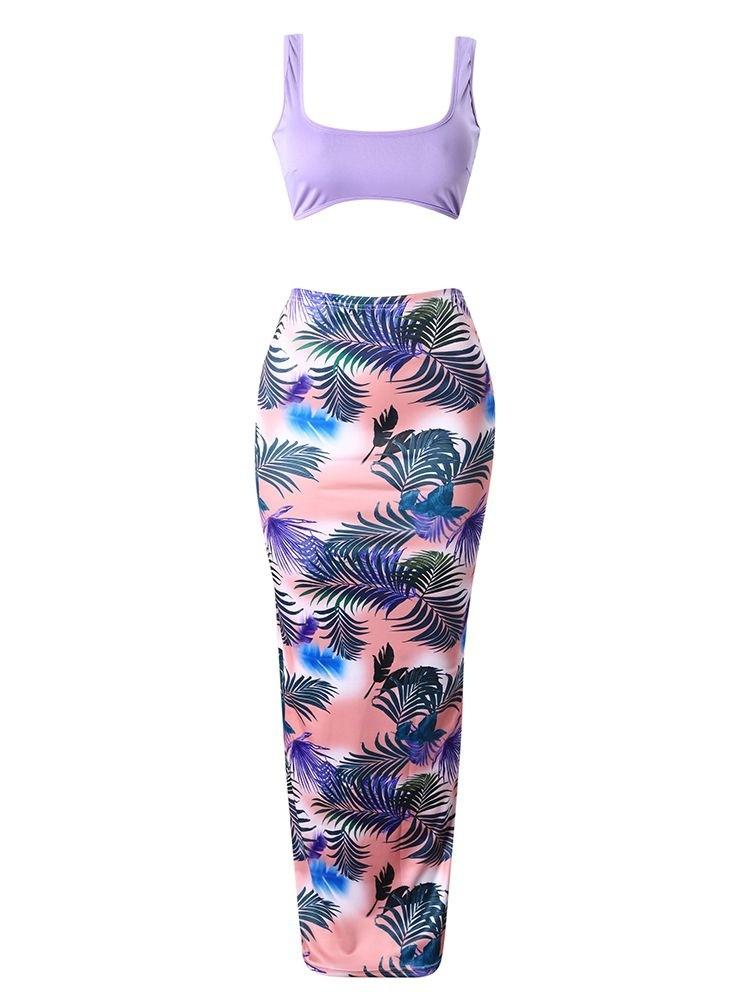 U-notch Tank Top And Ditsy Print Skirt Set - LuckyFash™