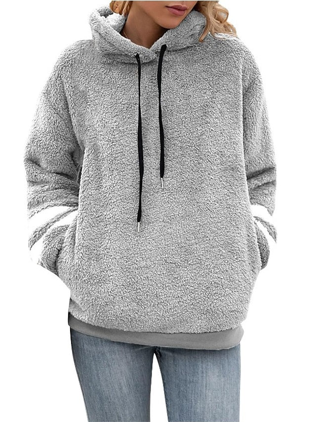 Women's Pullover Hoodie Sweatshirt Pullover Active Streetwear Sherpa Fleece Front Pocket Black Wine Blue Plain Daily Hooded Long Sleeve Fleece - LuckyFash™