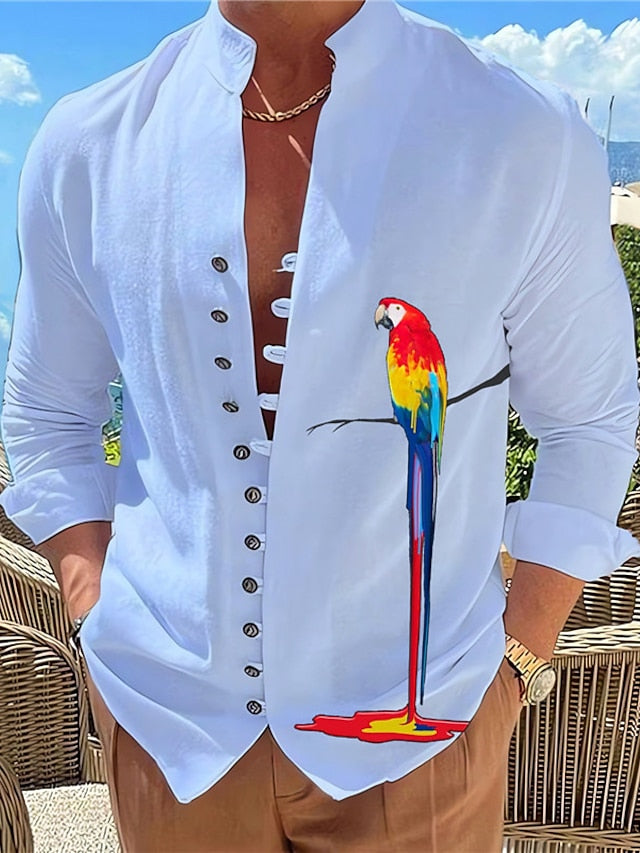 Men's Shirt Graphic Prints Parrot Stand Collar White Blue Blue / White White+Gray Brown Outdoor Street Long Sleeve Print Clothing Apparel Fashion Designer Casual Comfortable - LuckyFash™