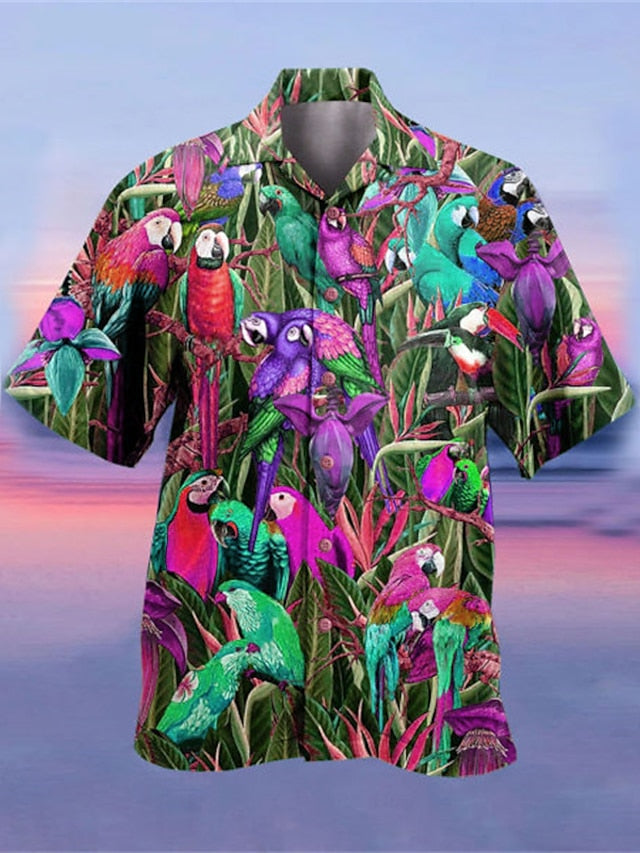 Men's Shirt Summer Hawaiian Shirt Camp Collar Shirt Graphic Shirt Aloha Shirt Parrot Turndown Yellow Light Green Pink Red Blue 3D Print Outdoor Street Short Sleeve Button-Down Clothing Apparel - LuckyFash™