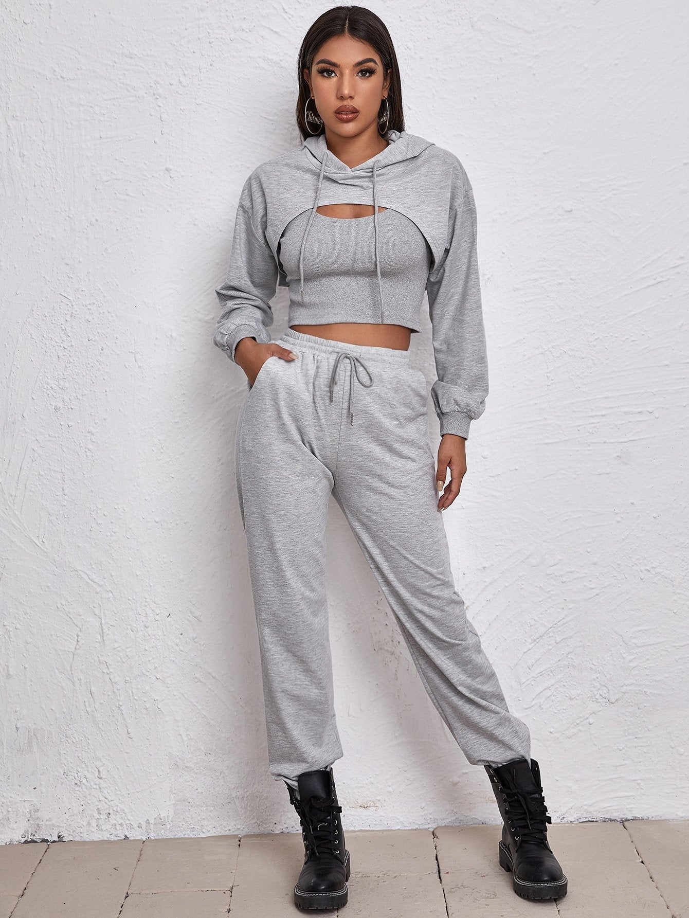 Ultra Short Drawstring Hoodie With Vest And Jogging Pants Set - LuckyFash™