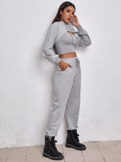 Ultra Short Drawstring Hoodie With Vest And Jogging Pants Set - LuckyFash™