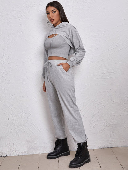 Ultra Short Drawstring Hoodie With Vest And Jogging Pants Set - LuckyFash™