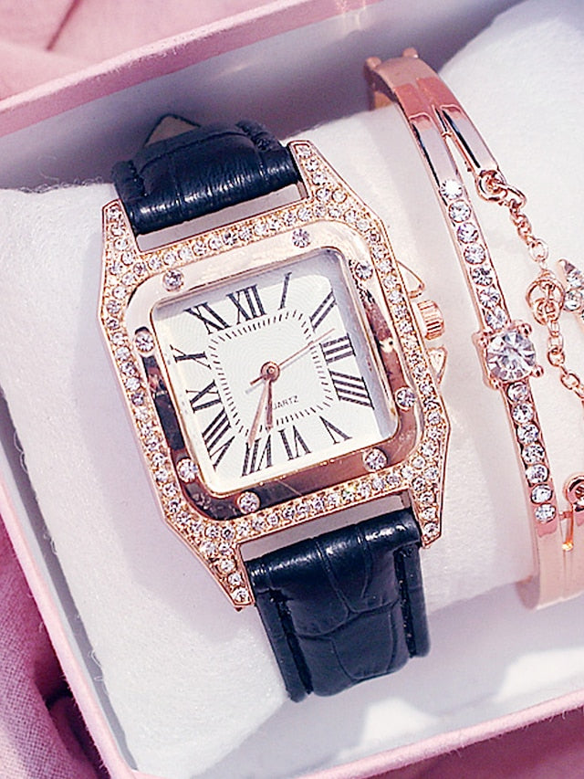 Quartz Watches for Women's Women Analog Diamond Watch Starry Square Dial Bracelet Set Ladies Leather Band Wristwatch Female Clock - LuckyFash™