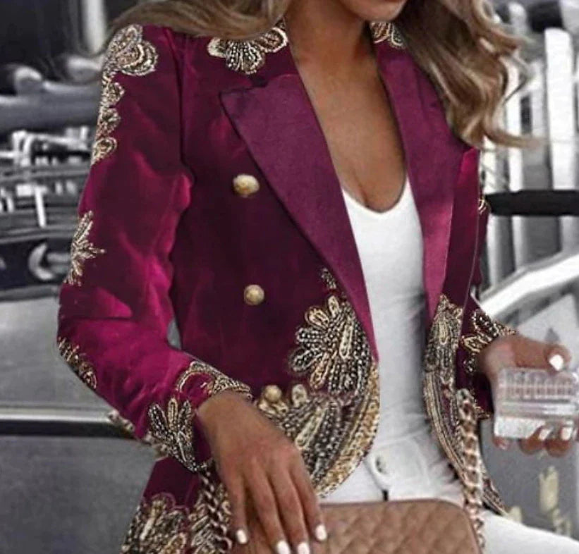 Women's Blazer Lightweight Comfortable School Party Office Christmas Print Open Front Lapel Contemporary OL Style Baroque Office / career Print Regular Fit Outerwear Long Sleeve Spring Fall Purple S