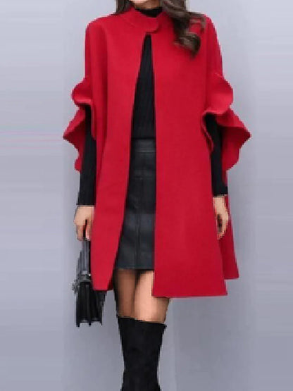 Women's Winter Coat Coat Pea Coat Warm Breathable Outdoor Street Daily Wear Ruffle Single Breasted Stand Collar Fashion Daily Casual Color Block Loose Fit Outerwear Long Sleeve Fall Winter Black Red