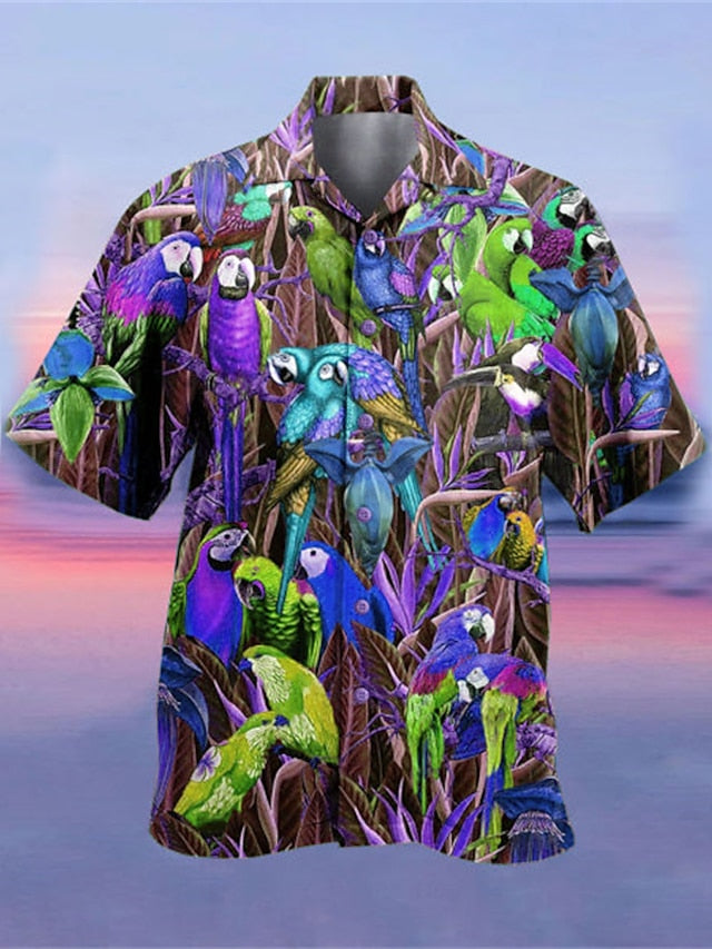 Men's Shirt Summer Hawaiian Shirt Camp Collar Shirt Graphic Shirt Aloha Shirt Parrot Turndown Yellow Light Green Pink Red Blue 3D Print Outdoor Street Short Sleeve Button-Down Clothing Apparel - LuckyFash™