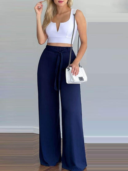 V-Cut Crop Top & Wide Leg Pants Set With Belt - LuckyFash™