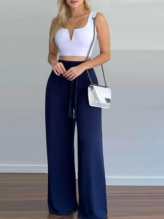 V-Cut Crop Top & Wide Leg Pants Set With Belt for Women