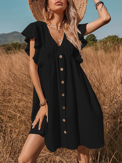 V Neck Button Up All Match Fashion Mini Dress