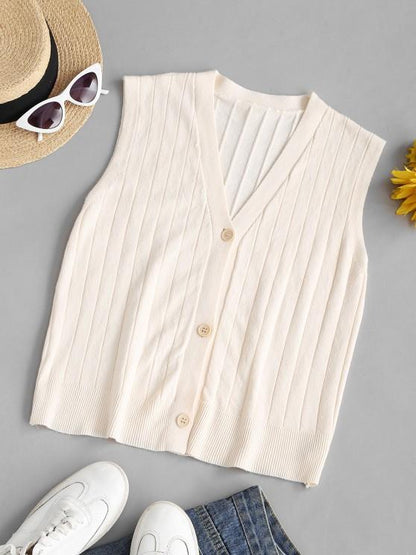 V Neck Button Up Ribbed Trim Cardigan Vest for Women