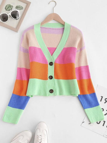 V Neck Colorblock Stripes Button Up Cardigan - LuckyFash™