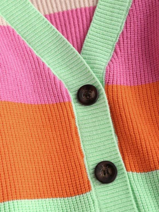 V Neck Colorblock Stripes Button Up Cardigan - LuckyFash™