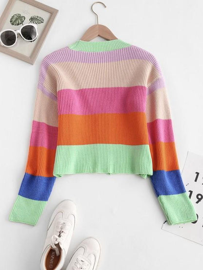 V Neck Colorblock Stripes Button Up Cardigan - LuckyFash™