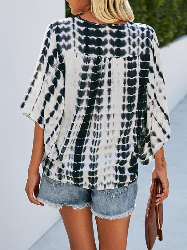 Blouses - V-neck Five-point Sleeve Tie Dye Printed Loose Blouse - MsDressly