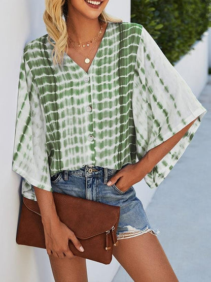 Blouses - V-neck Five-point Sleeve Tie Dye Printed Loose Blouse - MsDressly