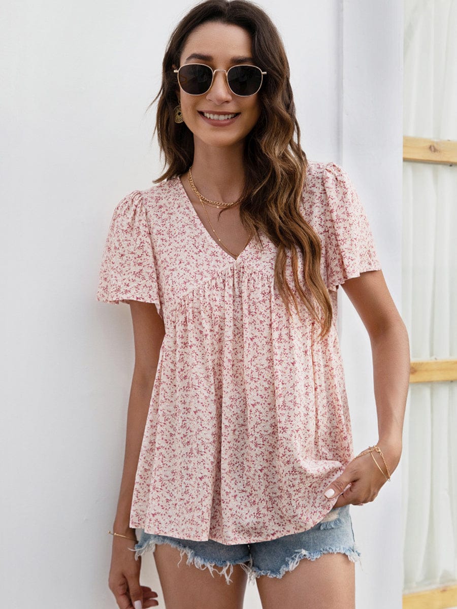 V-Neck Floral Printed Pattern Short Sleeve Loose Casual T-Shirt