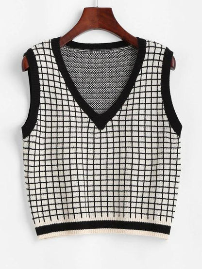 V Neck Grid Sweater Vest for Women