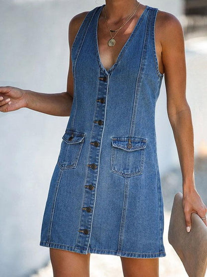 V-neck Halter Strap Denim Vest Dress for Women