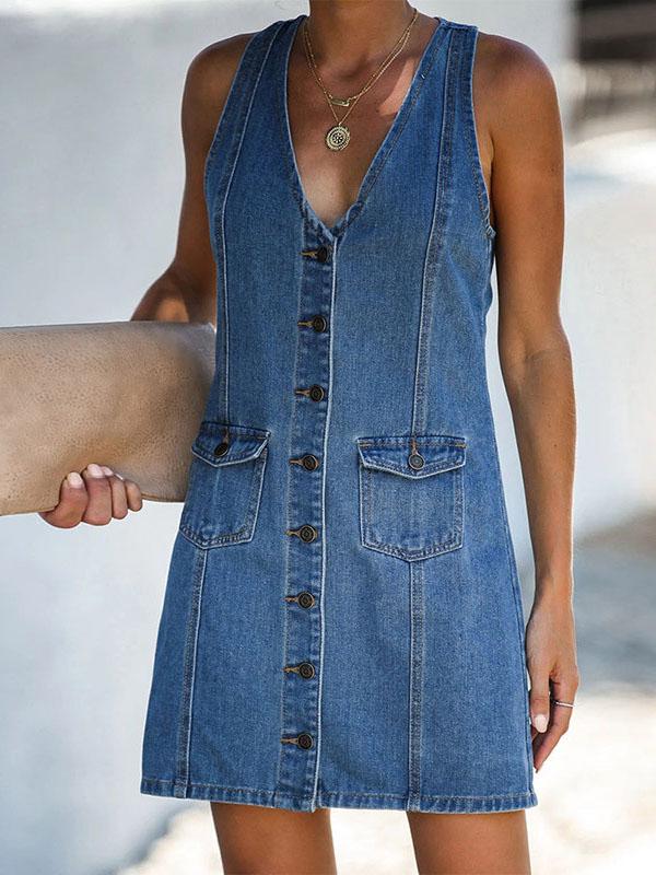 V-neck Halter Strap Denim Vest Dress - LuckyFash™