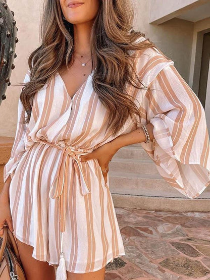 V Neck Khaki Striped Jumpsuits for Women