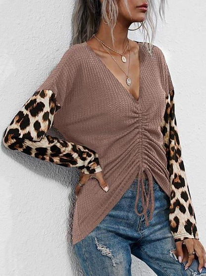 V Neck Leopard Sleeve Cinched Front Knitwear - LuckyFash™