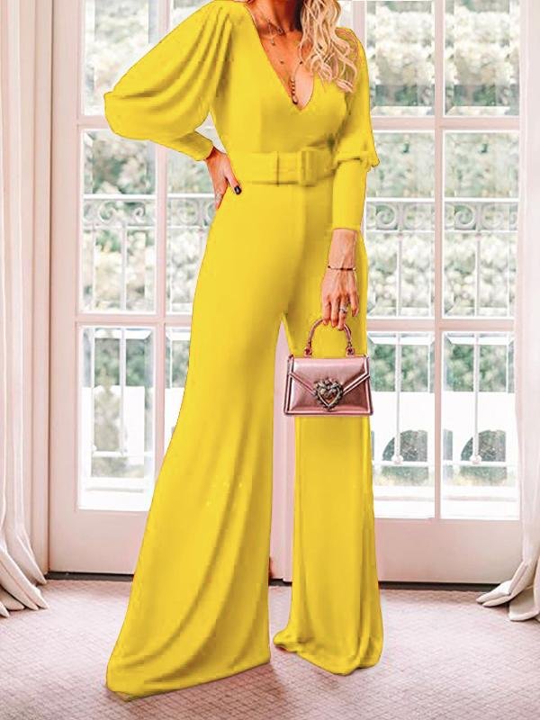 V-Neck Long Sleeve High Waist Jumpsuit for Women