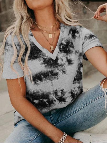 T-shirts - V-neck Loose Tie-dye Short-sleeved T-shirt - MsDressly