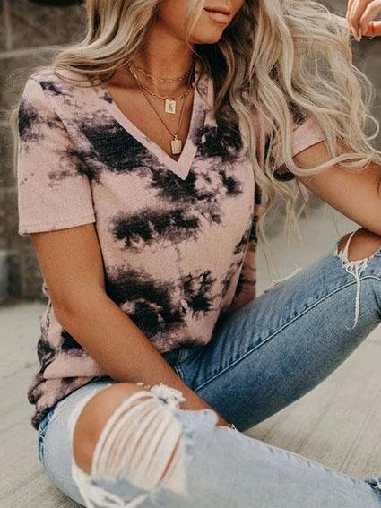 T-shirts - V-neck Loose Tie-dye Short-sleeved T-shirt - MsDressly