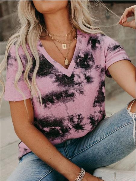 T-shirts - V-neck Loose Tie-dye Short-sleeved T-shirt - MsDressly