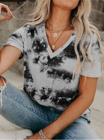 T-shirts - V-neck Loose Tie-dye Short-sleeved T-shirt - MsDressly