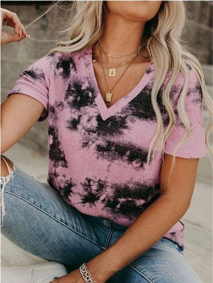 V-neck Loose Tie-dye Short-sleeved T-shirt