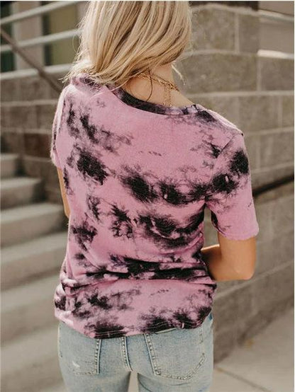 T-shirts - V-neck Loose Tie-dye Short-sleeved T-shirt - MsDressly