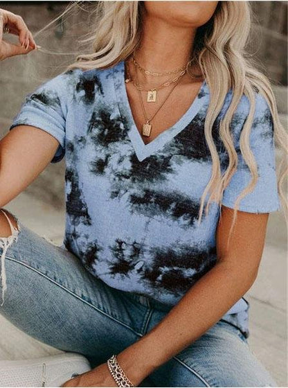 V-neck Loose Tie-dye Short-sleeved T-shirt